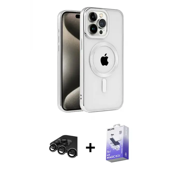 ieg™ iPhone 15 Pro Max Kılıf Eksen Form Koleksiyonu - Siyah Bilvis 5in1 5D Magic Hayalet Cam Ekran Koruyucu + Raze Metal Kamera Lens - TMGI