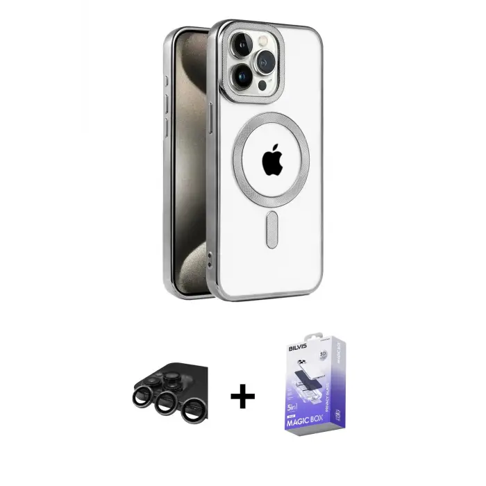 ieg™ iPhone 15 Pro Max Kılıf Eksen Form Koleksiyonu - Siyah Bilvis 5in1 5D Magic Hayalet Cam Ekran Koruyucu + Raze Metal Kamera Lens - TMGI