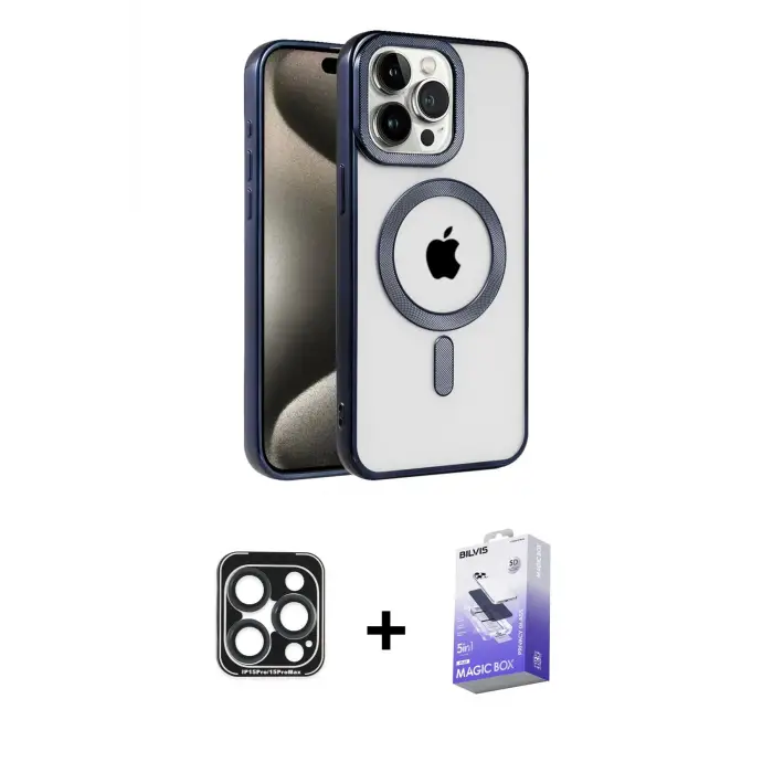 ieg™ iPhone 15 Pro Max Kılıf Eksen Form Koleksiyonu - Siyah Bilvis 5in1 5D Magic Hayalet Cam Ekran Koruyucu + PVD Metal Kamera Lens - LT