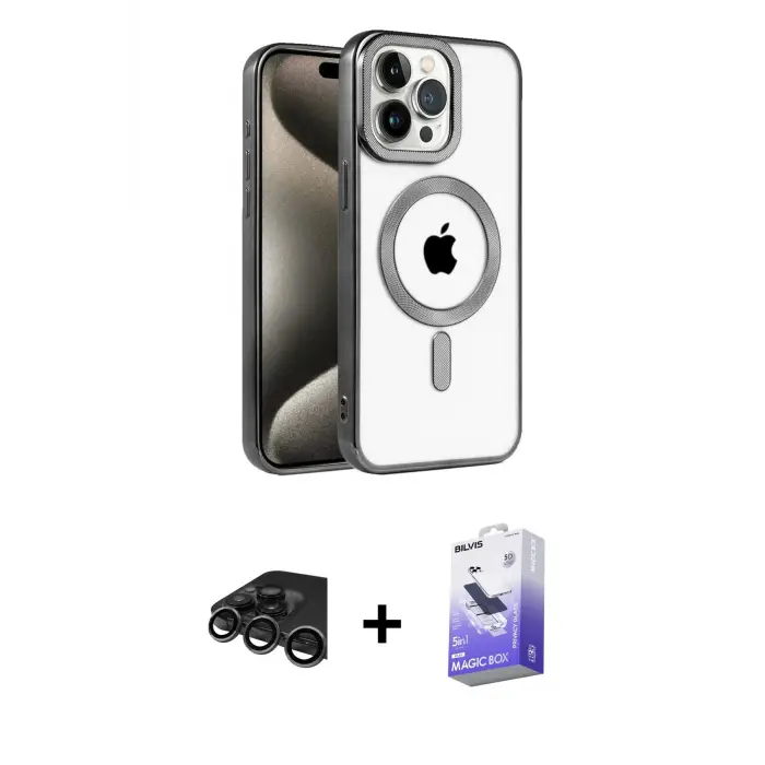 ieg™ iPhone 15 Pro Max Kılıf Eksen Form Koleksiyonu - Siyah Bilvis 5in1 5D Magic Hayalet Cam Ekran Koruyucu + Raze Metal Kamera Lens - TMGI