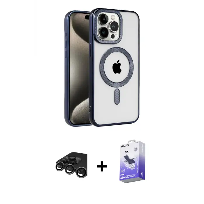 ieg™ iPhone 15 Pro Max Kılıf Eksen Form Koleksiyonu - Siyah Bilvis 5in1 5D Magic Hayalet Cam Ekran Koruyucu + Raze Metal Kamera Lens - TMGI