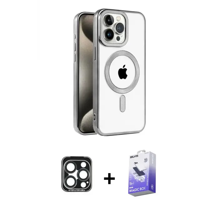 ieg™ iPhone 15 Pro Max Kılıf Eksen Form Koleksiyonu - Siyah Bilvis 5in1 5D Magic Hayalet Cam Ekran Koruyucu + PVD Metal Kamera Lens - LT