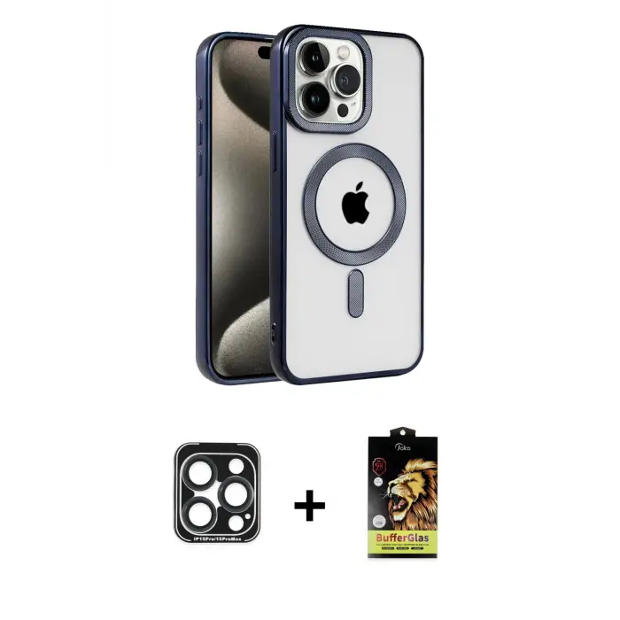ieg™ iPhone 15 Pro Max Kılıf Eksen Form Koleksiyonu - Siyah Buffer Cam Ekran Koruyucu + PVD Metal Kamera Lens - LT