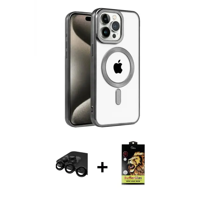 ieg™ iPhone 15 Pro Max Kılıf Eksen Form Koleksiyonu - Siyah Buffer Cam Ekran Koruyucu + Raze Metal Kamera Lens - SH