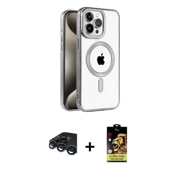 ieg™ iPhone 15 Pro Max Kılıf Eksen Form Koleksiyonu - Siyah Buffer Cam Ekran Koruyucu + Raze Metal Kamera Lens - LT