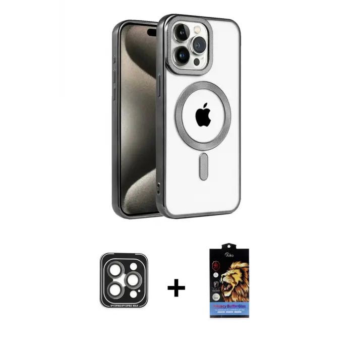 ieg™ iPhone 15 Pro Max Kılıf Eksen Form Koleksiyonu - Siyah Buffer Hayalet Cam Ekran Koruyucu + PVD Metal Kamera Lens - GI