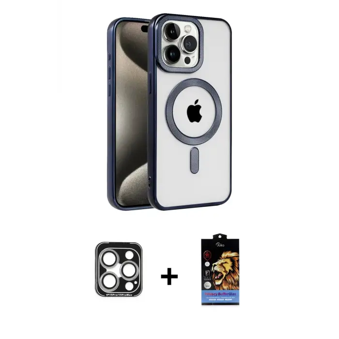 ieg™ iPhone 15 Pro Max Kılıf Eksen Form Koleksiyonu - Siyah Buffer Hayalet Cam Ekran Koruyucu + PVD Metal Kamera Lens - GS