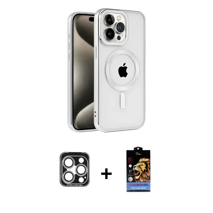 ieg™ iPhone 15 Pro Max Kılıf Eksen Form Koleksiyonu - Siyah Buffer Hayalet Cam Ekran Koruyucu + PVD Metal Kamera Lens - GS