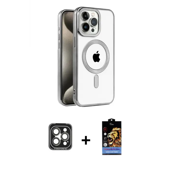 ieg™ iPhone 15 Pro Max Kılıf Eksen Form Koleksiyonu - Siyah Buffer Hayalet Cam Ekran Koruyucu + PVD Metal Kamera Lens - GI