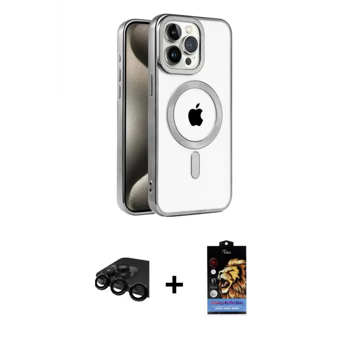 ieg™ iPhone 15 Pro Max Kılıf Eksen Form Koleksiyonu - Siyah Buffer Hayalet Cam Ekran Koruyucu + Raze Metal Kamera Lens - SH