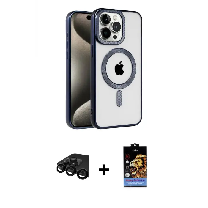 ieg™ iPhone 15 Pro Max Kılıf Eksen Form Koleksiyonu - Siyah Buffer Hayalet Cam Ekran Koruyucu + Raze Metal Kamera Lens - SH