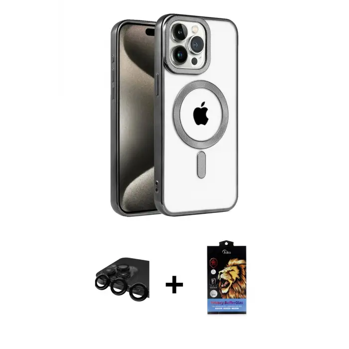 ieg™ iPhone 15 Pro Max Kılıf Eksen Form Koleksiyonu - Siyah Buffer Hayalet Cam Ekran Koruyucu + Raze Metal Kamera Lens - SH