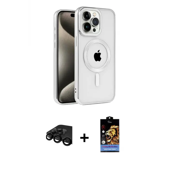 ieg™ iPhone 15 Pro Max Kılıf Eksen Form Koleksiyonu - Siyah Buffer Hayalet Cam Ekran Koruyucu + Raze Metal Kamera Lens - SH