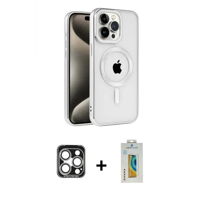 ieg™ iPhone 15 Pro Max Kılıf Eksen Form Koleksiyonu - Siyah Polymer Nano Ekran Koruyucu + PVD Metal Kamera Lens - GS