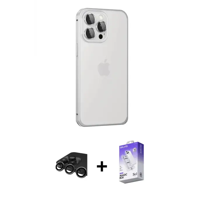 ieg™ iPhone 15 Pro Max Kılıf Eksen Form Serisi - Siyah Bilvis 5in1 3D Magic Cam Ekran Koruyucu + Raze Metal Kamera Lens - TMGI