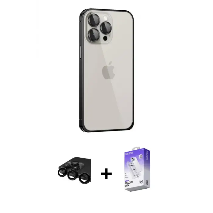 ieg™ iPhone 15 Pro Max Kılıf Eksen Form Serisi - Siyah Bilvis 5in1 3D Magic Cam Ekran Koruyucu + Raze Metal Kamera Lens - SH