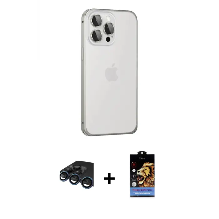 ieg™ iPhone 15 Pro Max Kılıf Eksen Form Serisi - Siyah Buffer Hayalet Cam Ekran Koruyucu + Raze Metal Kamera Lens - LT