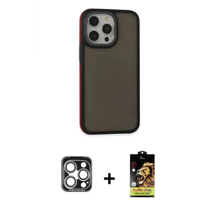 ieg™ iPhone 15 Pro Max Kılıf Eksen Işık - Siyah Buffer Cam Ekran Koruyucu + PVD Metal Kamera Lens - GS
