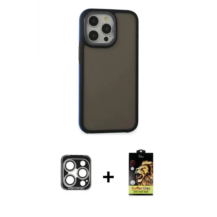 ieg™ iPhone 15 Pro Max Kılıf Eksen Işık - Siyah Buffer Cam Ekran Koruyucu + PVD Metal Kamera Lens - GS
