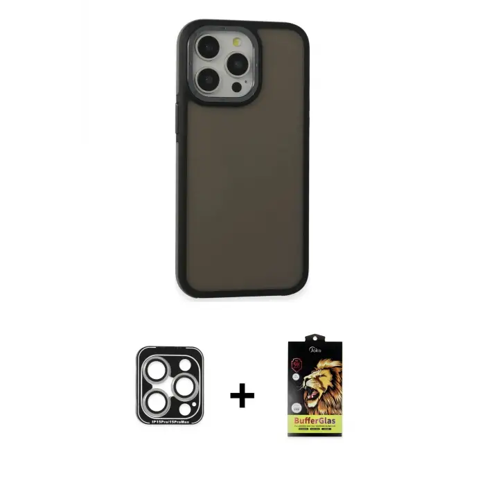 ieg™ iPhone 15 Pro Max Kılıf Eksen Işık - Siyah Buffer Cam Ekran Koruyucu + PVD Metal Kamera Lens - GS