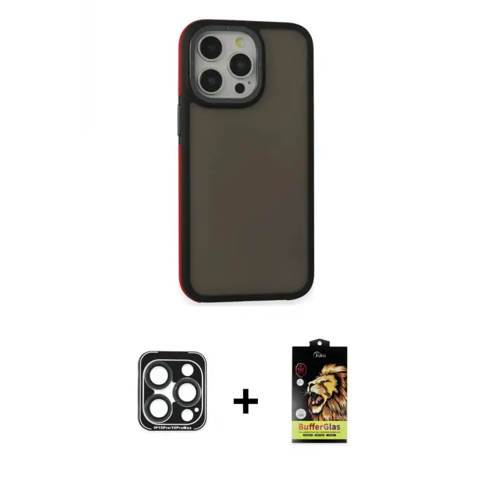 ieg™ iPhone 15 Pro Max Kılıf Eksen Işık - Siyah Buffer Cam Ekran Koruyucu + PVD Metal Kamera Lens - LT
