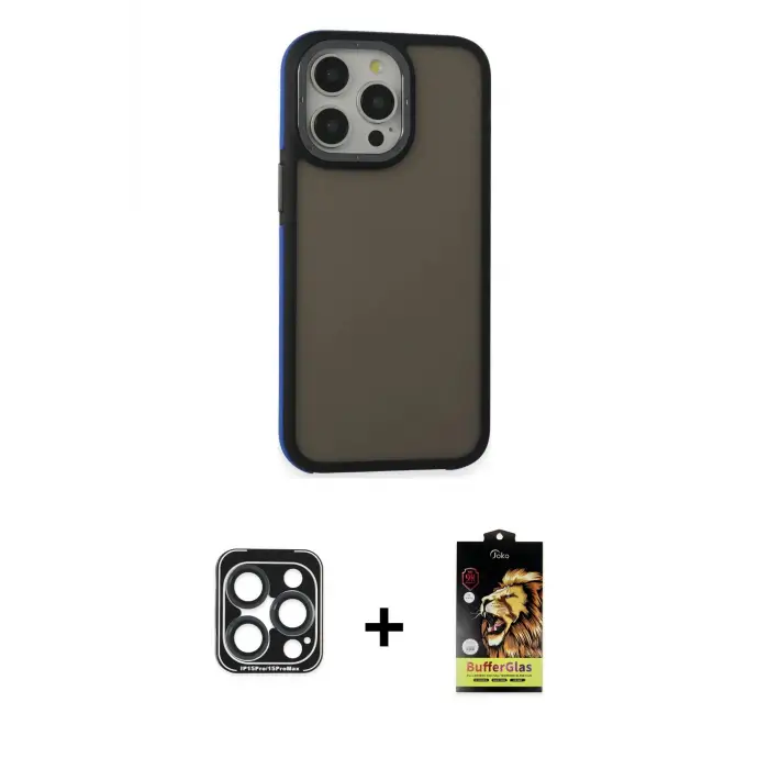 ieg™ iPhone 15 Pro Max Kılıf Eksen Işık - Siyah Buffer Cam Ekran Koruyucu + PVD Metal Kamera Lens - LT