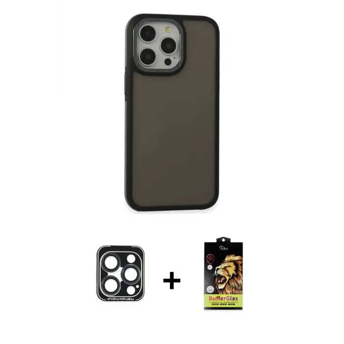 ieg™ iPhone 15 Pro Max Kılıf Eksen Işık - Siyah Buffer Cam Ekran Koruyucu + PVD Metal Kamera Lens - LT