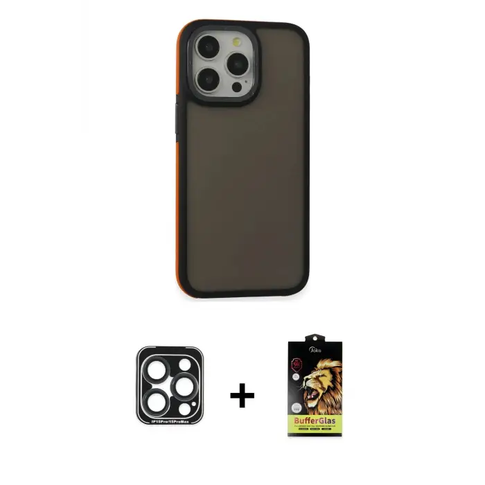 ieg™ iPhone 15 Pro Max Kılıf Eksen Işık - Siyah Buffer Cam Ekran Koruyucu + PVD Metal Kamera Lens - LT