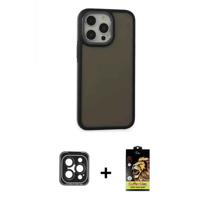 ieg™ iPhone 15 Pro Max Kılıf Eksen Işık - Siyah Buffer Cam Ekran Koruyucu + PVD Metal Kamera Lens - SH