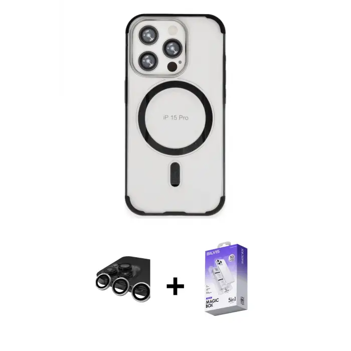 ieg™ iPhone 15 Pro Max Kılıf Eksen Klasik Koleksiyonu - Siyah Bilvis 5in1 3D Magic Cam Ekran Koruyucu + Raze Metal Kamera Lens - GS