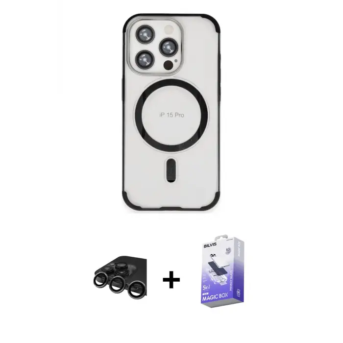 ieg™ iPhone 15 Pro Max Kılıf Eksen Klasik Koleksiyonu - Siyah Bilvis 5in1 5D Magic Hayalet Cam Ekran Koruyucu + Raze Metal Kamera Lens - TMGI