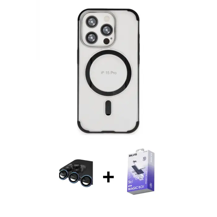 ieg™ iPhone 15 Pro Max Kılıf Eksen Klasik Koleksiyonu - Siyah Bilvis 5in1 5D Magic Hayalet Cam Ekran Koruyucu + Raze Metal Kamera Lens - LT
