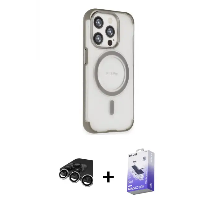 ieg™ iPhone 15 Pro Max Kılıf Eksen Klasik Koleksiyonu - Siyah Bilvis 5in1 5D Magic Hayalet Cam Ekran Koruyucu + Raze Metal Kamera Lens - GS