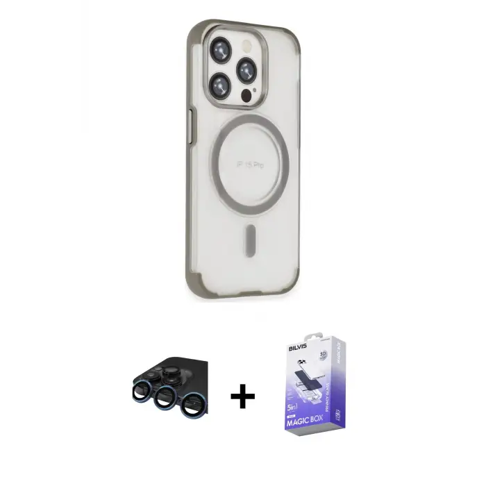 ieg™ iPhone 15 Pro Max Kılıf Eksen Klasik Koleksiyonu - Siyah Bilvis 5in1 5D Magic Hayalet Cam Ekran Koruyucu + Raze Metal Kamera Lens - LT