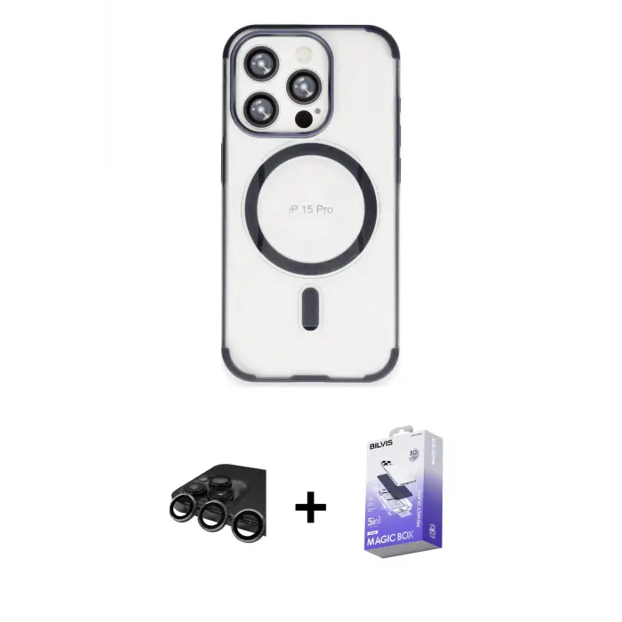 ieg™ iPhone 15 Pro Max Kılıf Eksen Klasik Koleksiyonu - Siyah Bilvis 5in1 5D Magic Hayalet Cam Ekran Koruyucu + Raze Metal Kamera Lens - TMGI