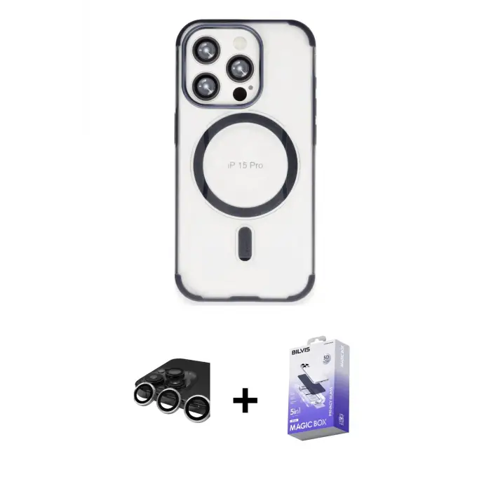 ieg™ iPhone 15 Pro Max Kılıf Eksen Klasik Koleksiyonu - Siyah Bilvis 5in1 5D Magic Hayalet Cam Ekran Koruyucu + Raze Metal Kamera Lens - GS