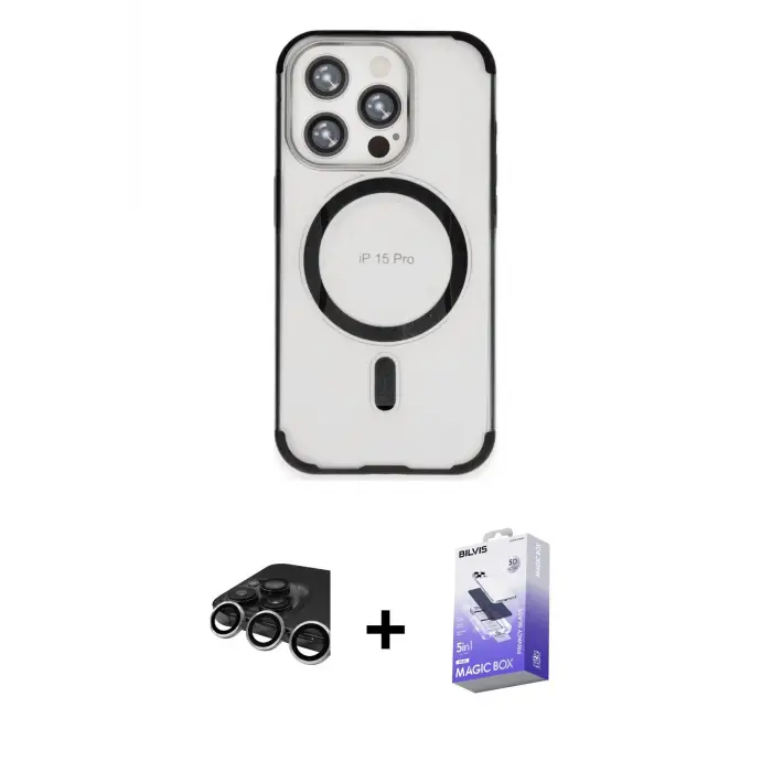 ieg™ iPhone 15 Pro Max Kılıf Eksen Klasik Koleksiyonu - Siyah Bilvis 5in1 5D Magic Hayalet Cam Ekran Koruyucu + Raze Metal Kamera Lens - GS