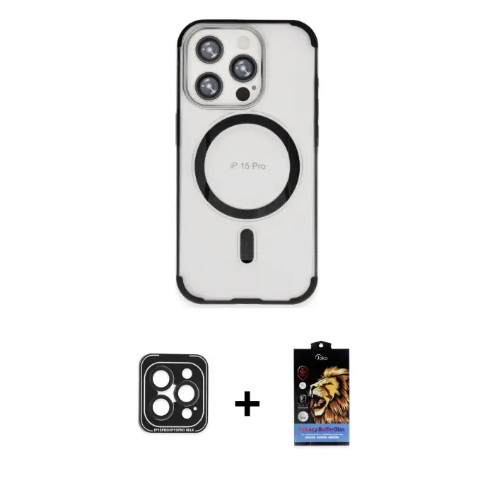 ieg™ iPhone 15 Pro Max Kılıf Eksen Klasik Koleksiyonu - Siyah Buffer Hayalet Cam Ekran Koruyucu + PVD Metal Kamera Lens - SH