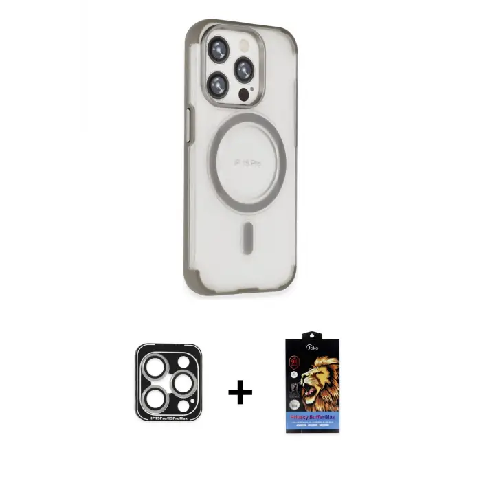 ieg™ iPhone 15 Pro Max Kılıf Eksen Klasik Koleksiyonu - Siyah Buffer Hayalet Cam Ekran Koruyucu + PVD Metal Kamera Lens - GS