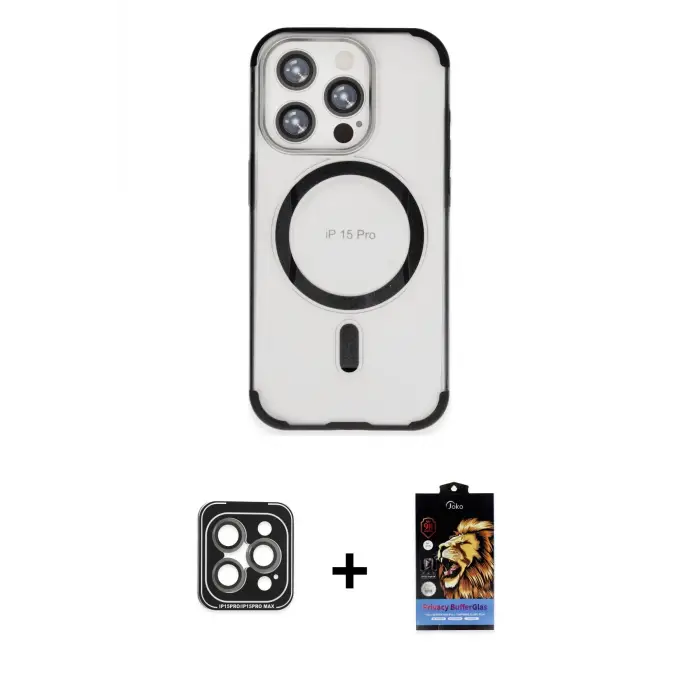 ieg™ iPhone 15 Pro Max Kılıf Eksen Klasik Koleksiyonu - Siyah Buffer Hayalet Cam Ekran Koruyucu + PVD Metal Kamera Lens - GI