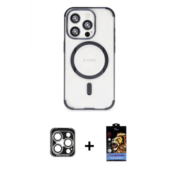 ieg™ iPhone 15 Pro Max Kılıf Eksen Klasik Koleksiyonu - Siyah Buffer Hayalet Cam Ekran Koruyucu + PVD Metal Kamera Lens - GS