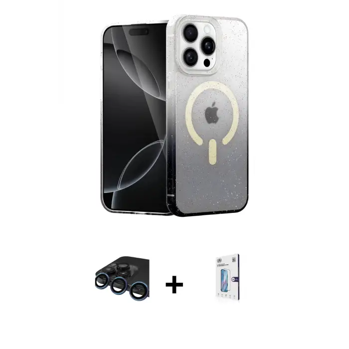 ieg™ iPhone 15 Pro Max Kılıf Eksen Minimal Özel Seri - Siyah Bilvis 0.18mm Plus Cam Ekran Koruyucu + Raze Metal Kamera Lens - LT