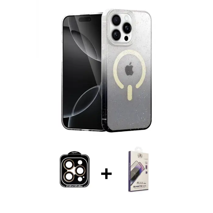 ieg™ iPhone 15 Pro Max Kılıf Eksen Minimal Özel Seri - Siyah Bilvis 3D Mat Cam Ekran Koruyucu + PVD Metal Kamera Lens - TU