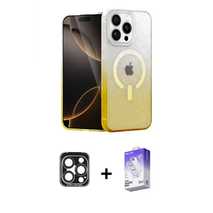 ieg™ iPhone 15 Pro Max Kılıf Eksen Minimal Özel Seri - Siyah Bilvis 5in1 3D Magic Cam Ekran Koruyucu + PVD Metal Kamera Lens - LT