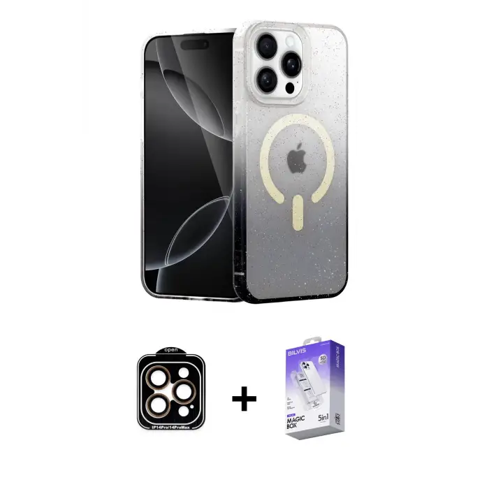 ieg™ iPhone 15 Pro Max Kılıf Eksen Minimal Özel Seri - Siyah Bilvis 5in1 3D Magic Cam Ekran Koruyucu + PVD Metal Kamera Lens - TU