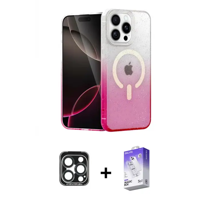 ieg™ iPhone 15 Pro Max Kılıf Eksen Minimal Özel Seri - Siyah Bilvis 5in1 3D Magic Cam Ekran Koruyucu + PVD Metal Kamera Lens - LT