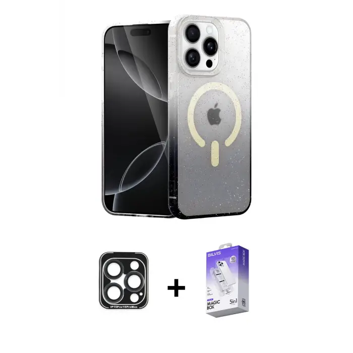 ieg™ iPhone 15 Pro Max Kılıf Eksen Minimal Özel Seri - Siyah Bilvis 5in1 3D Magic Cam Ekran Koruyucu + PVD Metal Kamera Lens - LT