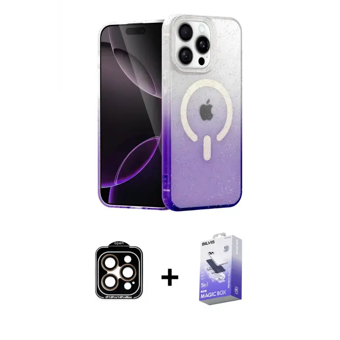 ieg™ iPhone 15 Pro Max Kılıf Eksen Minimal Özel Seri - Siyah Bilvis 5in1 5D Magic Hayalet Cam Ekran Koruyucu + PVD Metal Kamera Lens - TU