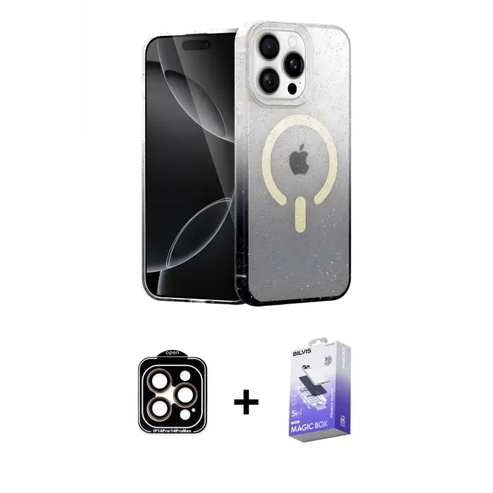 ieg™ iPhone 15 Pro Max Kılıf Eksen Minimal Özel Seri - Siyah Bilvis 5in1 5D Magic Hayalet Cam Ekran Koruyucu + PVD Metal Kamera Lens - TU