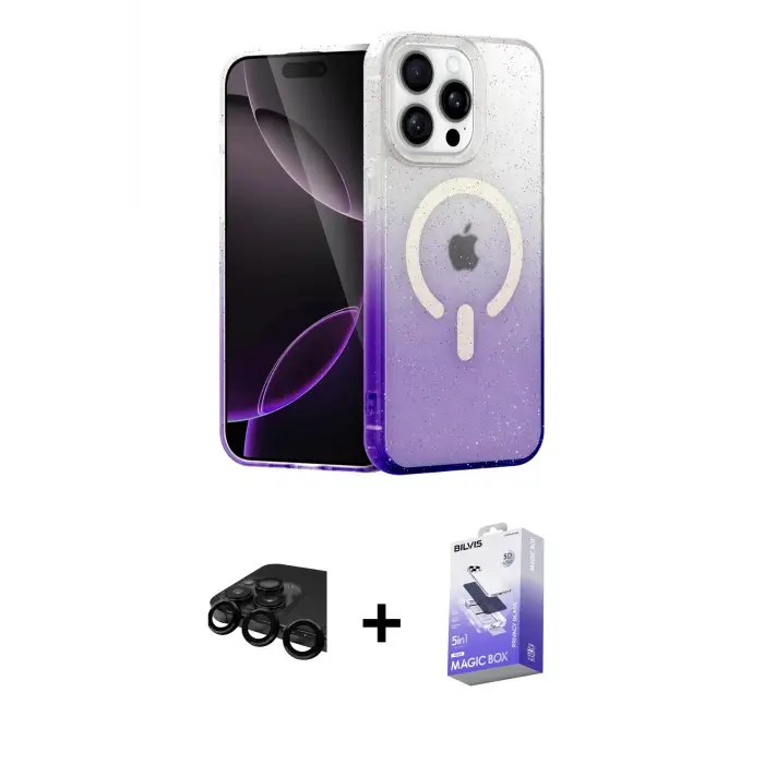 ieg™ iPhone 15 Pro Max Kılıf Eksen Minimal Özel Seri - Siyah Bilvis 5in1 5D Magic Hayalet Cam Ekran Koruyucu + Raze Metal Kamera Lens - SH